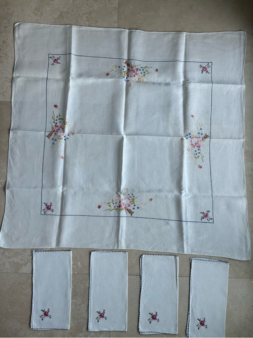 Vintage Hand Embroidered Floral White Tablecloth and Napkin Set - Pink Accents